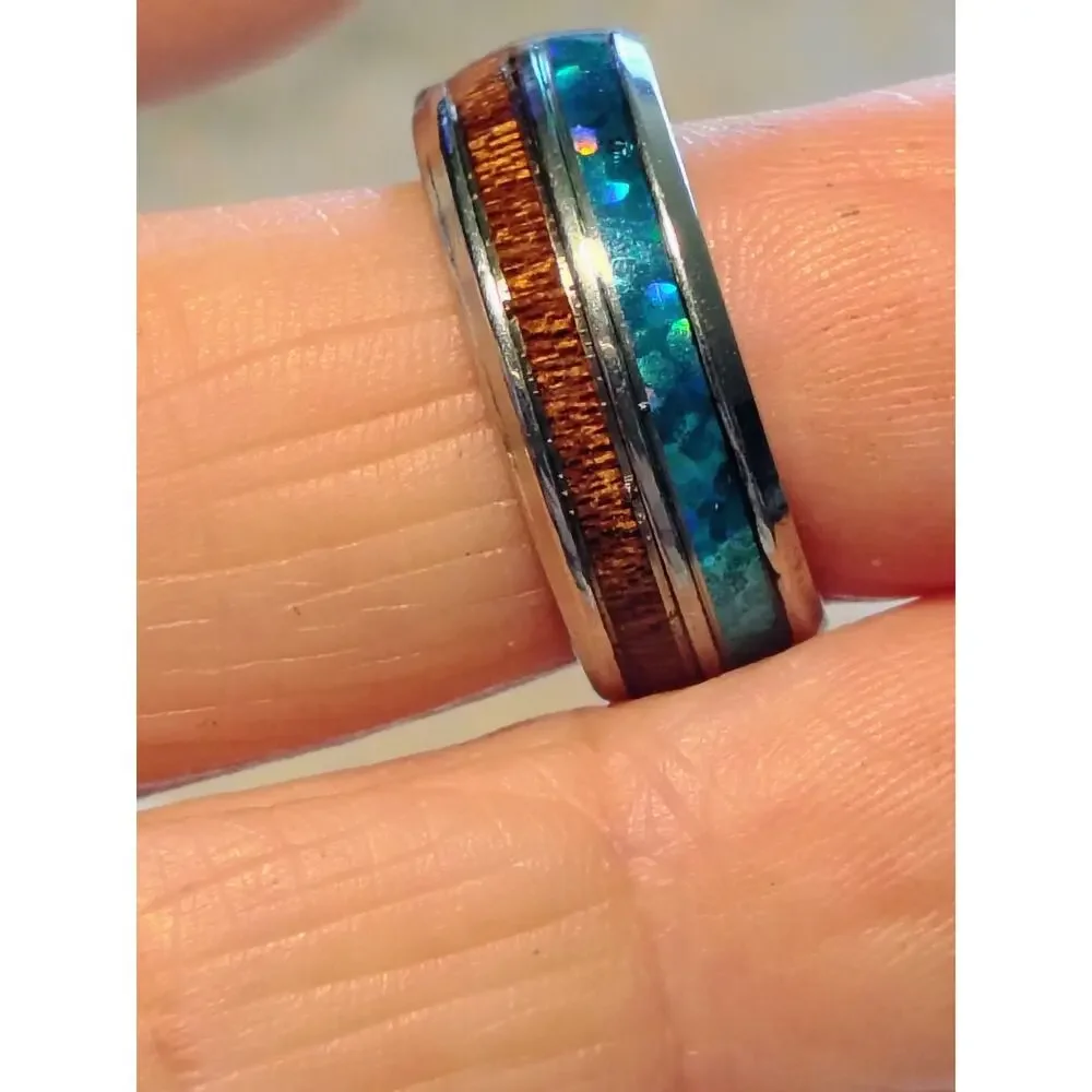 Blue Opal Koa Wood Inlay Comfort Band Ring Size 7